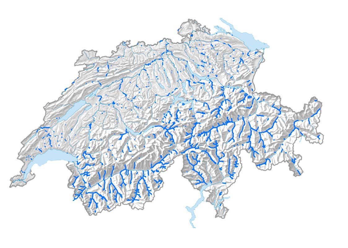 Karte der Schweiz mit Restwasserstrecken in blau.